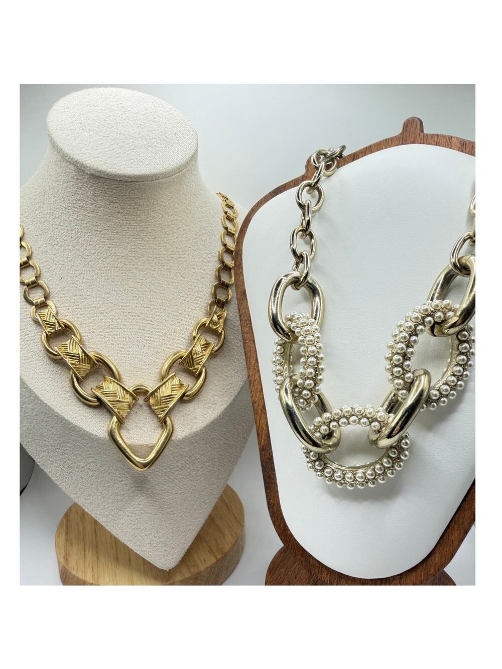 Gold & Faux Pearl Necklace Set – 2 Pc Statement Chains